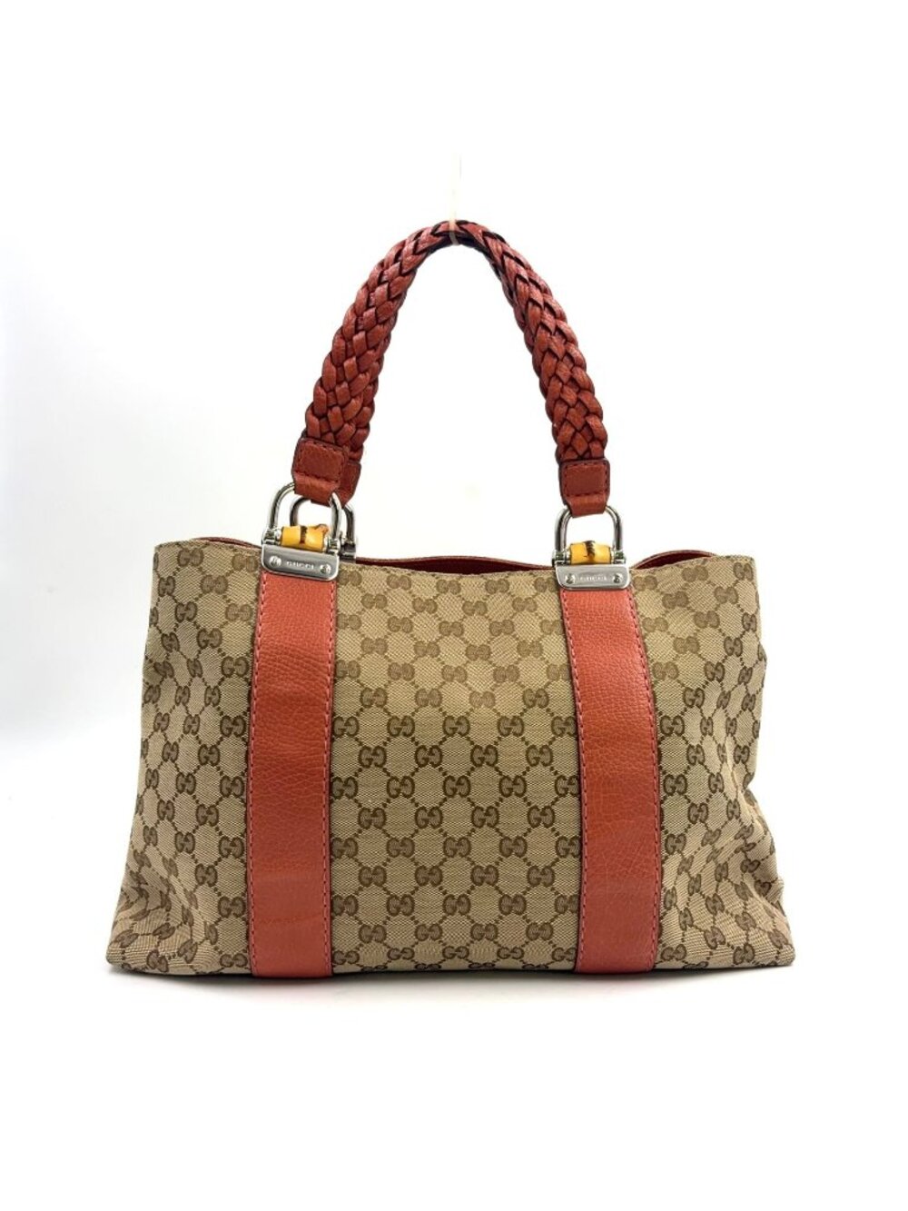 Gucci Bamboo Leather Canvas Orange Brown Beige Tote Bag Silver